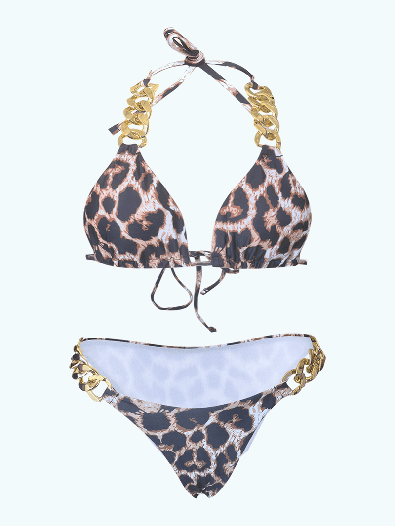 Traje de baño de mujer con estampado de leopardo en bikini de cadena de oro de triángulo sexy