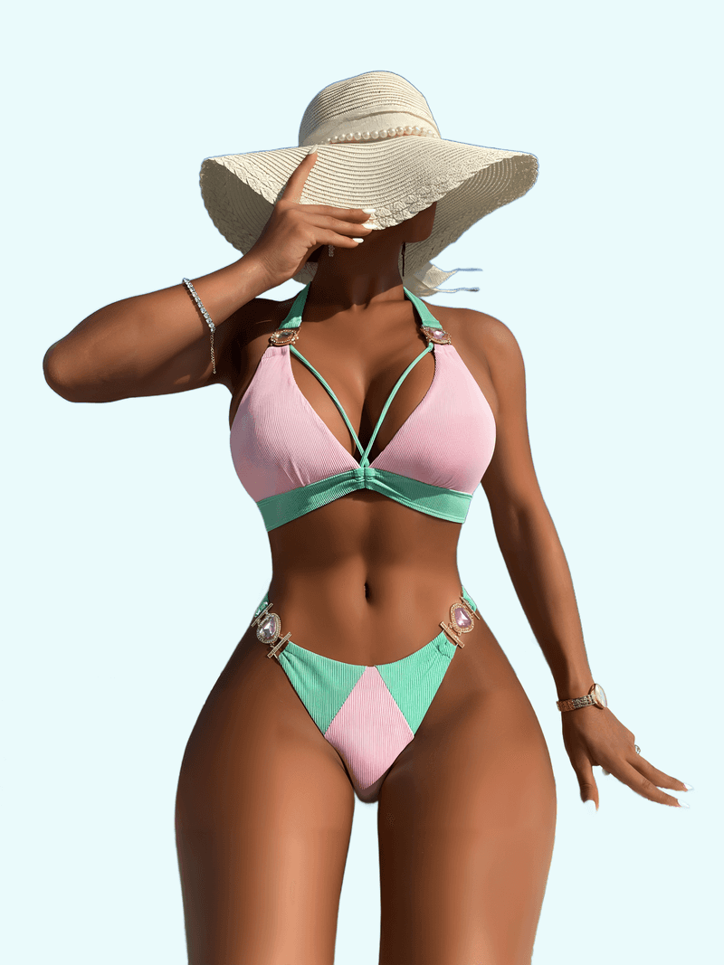 Bikini de cintura alta con cordones a juego de colores