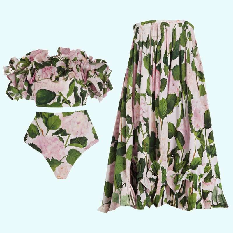 Traje de baño de hortensias con top de tubo con volantes