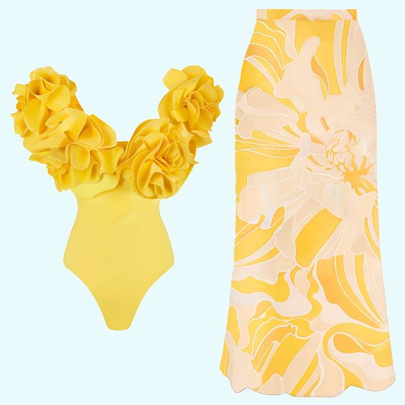 Traje de baño de una pieza de alta calidad con top de tubo de flor tridimensional