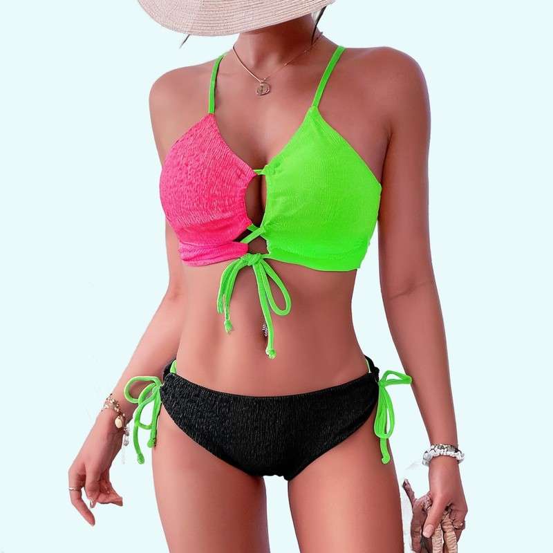 Traje de baño de contraste de costura de correa hueca