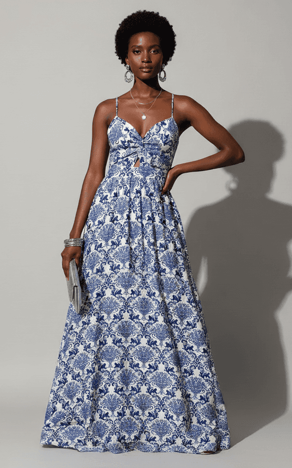 Vestido maxi negro alto-bajo con estampado tropical sin tirantes para ropa de resort nocturna con abertura lateral