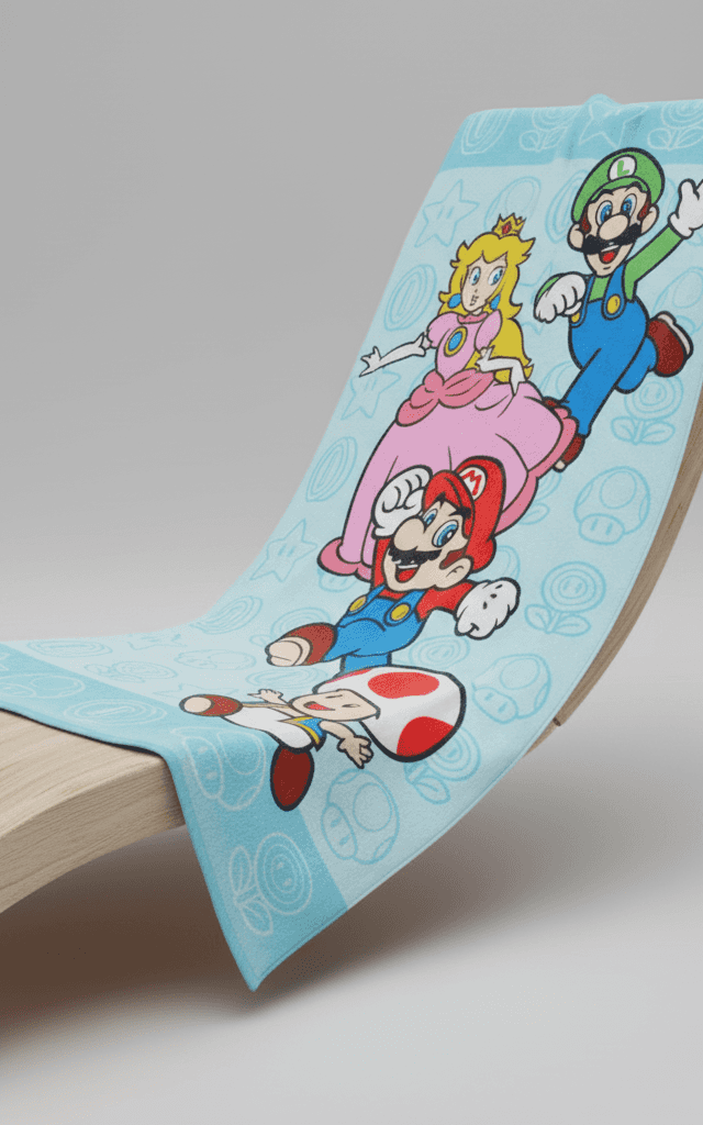 Toalla de playa azul brillante con estampado de personajes de Super Mario con personajes de videojuegos de Nintendo