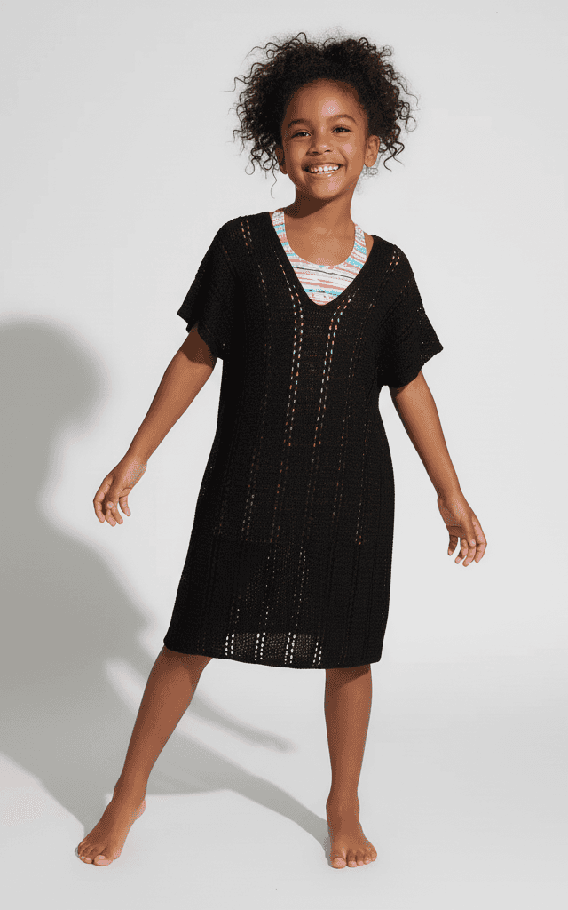 Vestido de playa de crochet negro para niñas con ribete colorido y mangas cortas