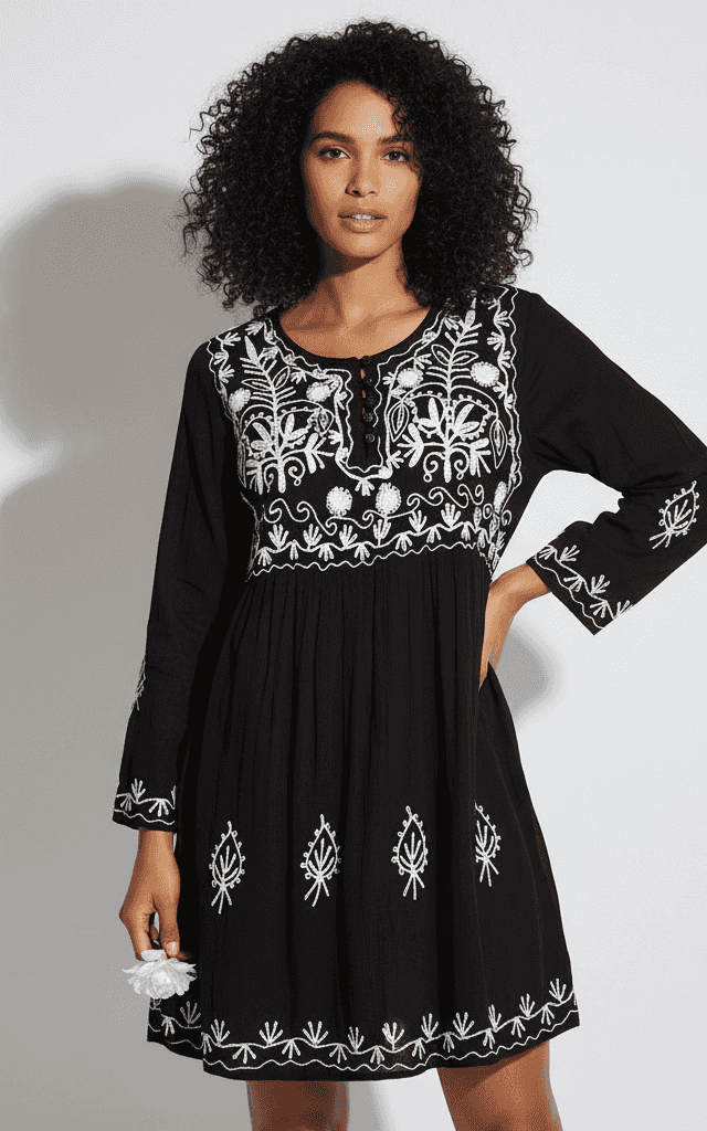 Mini vestido negro de manga larga con bordado blanco y estilo babydoll bohemio