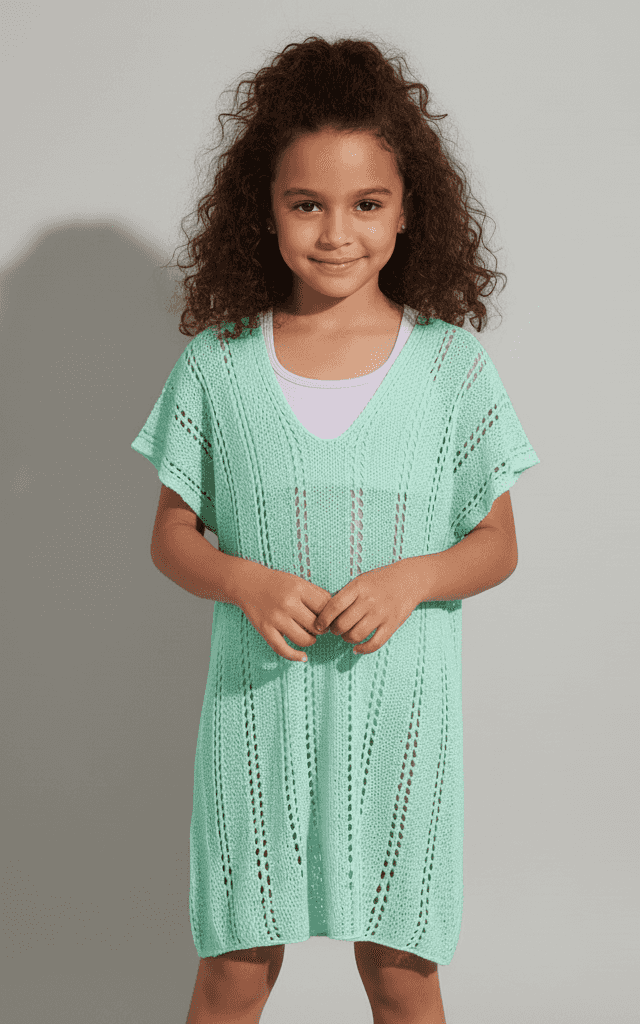 Pareo túnica de punto abierto verde menta para niñas con ajuste relajado para piscina y playa
