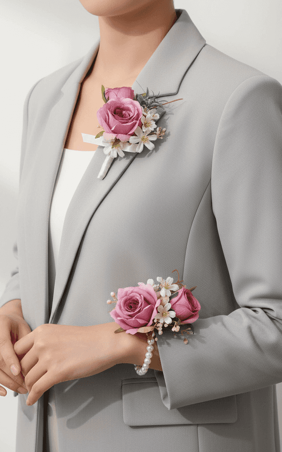 Set clásico de corsage y boutonniere de rosa blanca para bodas con cinta plateada y detalles de bayas doradas
