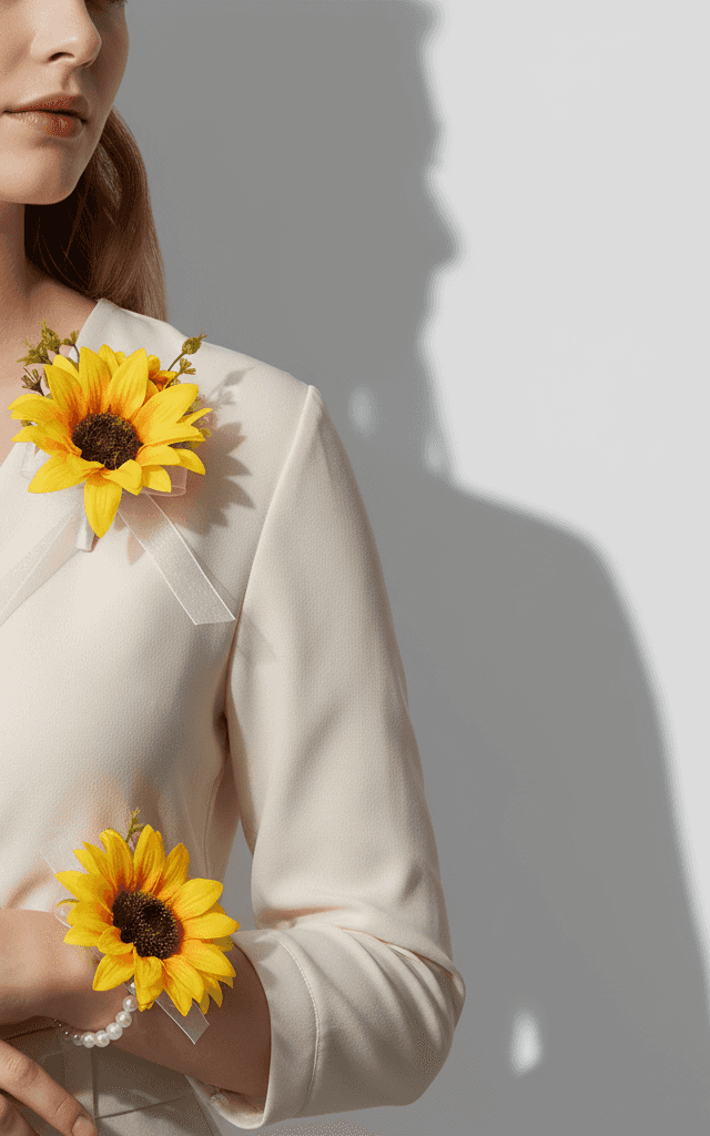 Set vibrante de corsage y boutonniere de girasol con pulsera de perlas y cinta blanca transparente