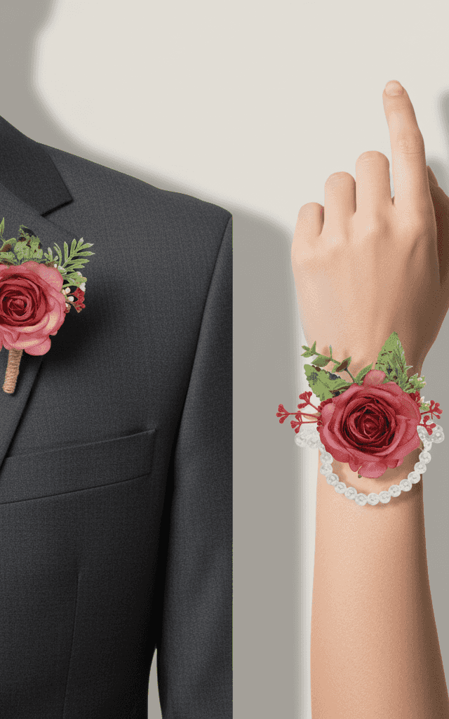 Conjunto de corsage de rosa rosa empolvada con pulsera de perlas y flores de relleno blancas para ocasiones románticas