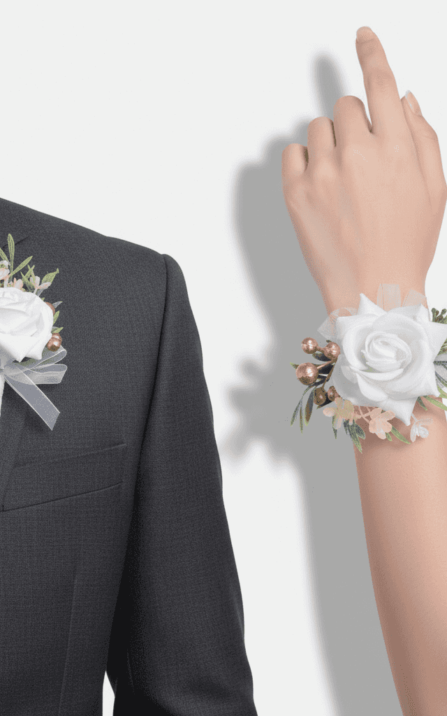 Dúo de corsage de rosa y clavel azul empolvado con cinta de satén para bodas contemporáneas modernas