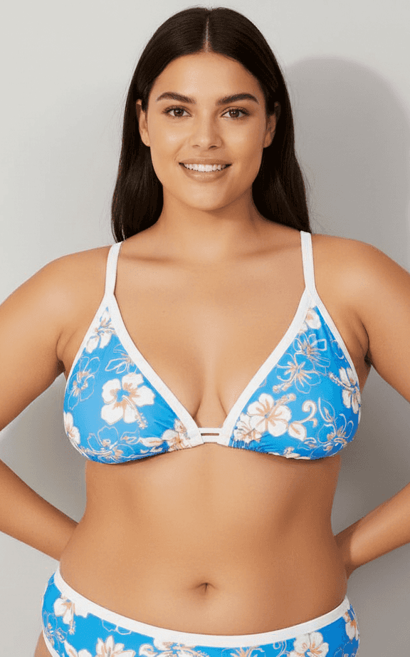 Conjunto de Traje de Baño Tallas Grandes Top Triángulo Cuello en V Estampado Hibisco Tropical Azul y Parte Inferior Ribete Contrastante.