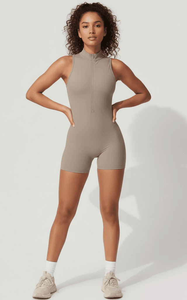 Mono taupe sin mangas con cremallera para gimnasio y ropa de rendimiento fitness