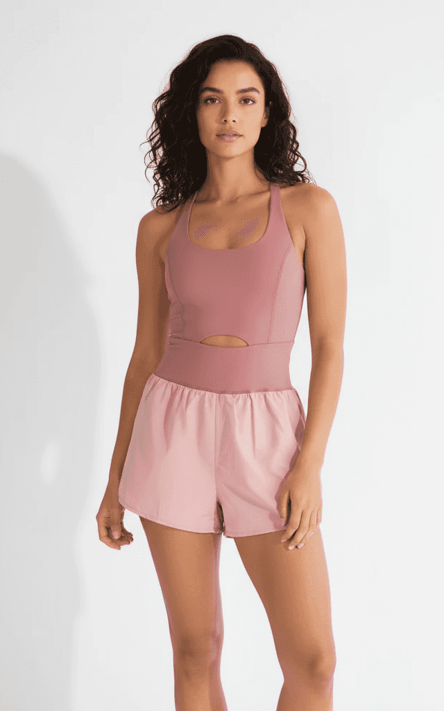 Mono rosa empolvado con shorts de contraste y recorte en cintura para ropa deportiva casual
