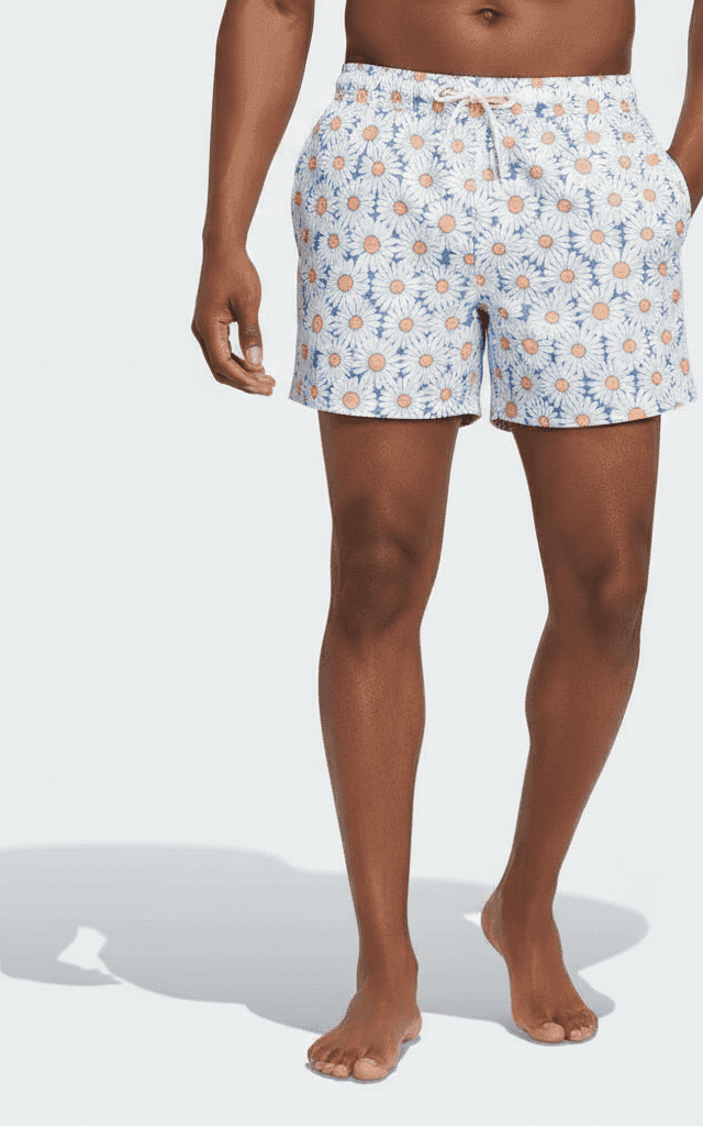 Bañador con Patrón Floral de Margaritas Blanco, estampado brillante completo de margaritas, entrepierna corta, perfecto para vacaciones de verano