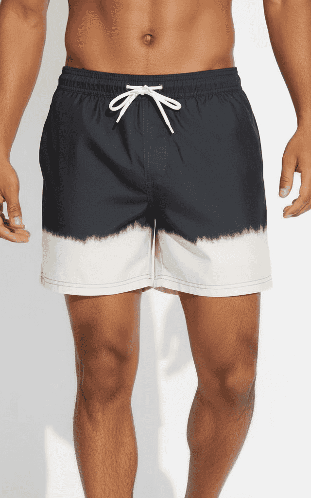 Short de Baño Ombré Teñido por Inmersión Negro y Beige, parte superior oscura con gradiente inferior claro, estilo tie-dye moderno